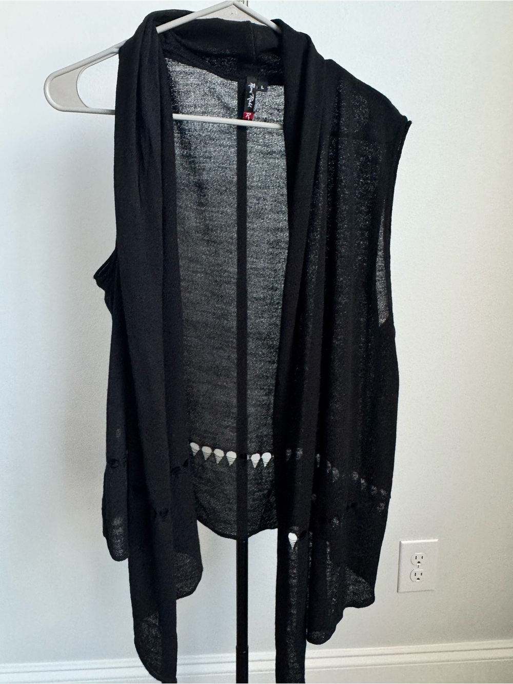 Roni Rabl Black Open Weave Draped Sleeveless Vest Cardigan Pointelle Lagenlook L